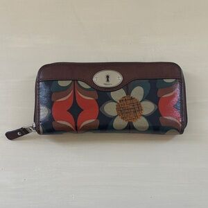 Fossil Keyper Vintage Zippered Wallet Coated Canvas Leather Trim Floral Pattern